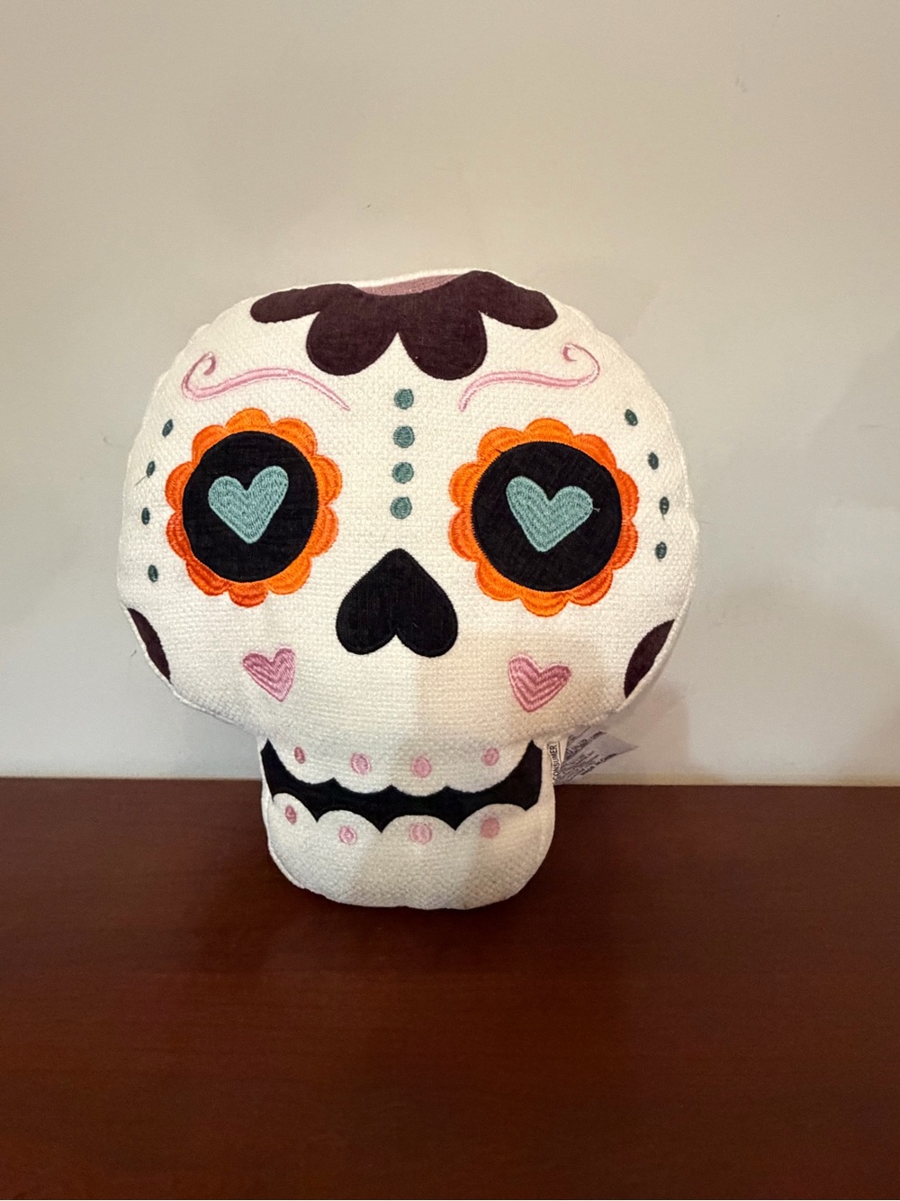 Sugar Skull Decorative Pillow - White with Orange, Black, Pink & Teal Accents